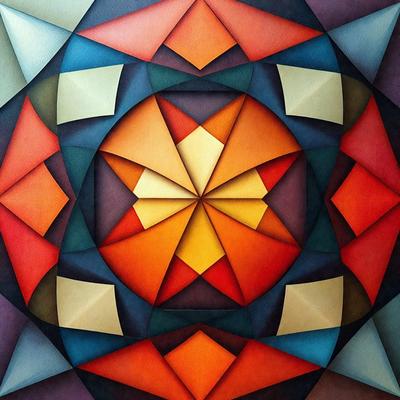 The primary subject of the image is a colorful, geometric pattern. The setting is a blue and orange background, which adds to the vibrant atmosphere of the artwork. The visual style is a combination of digital art and illustration, creating a unique and eye-catching design. The dominant colors are blue and orange, which are used to create a lively and energetic mood.